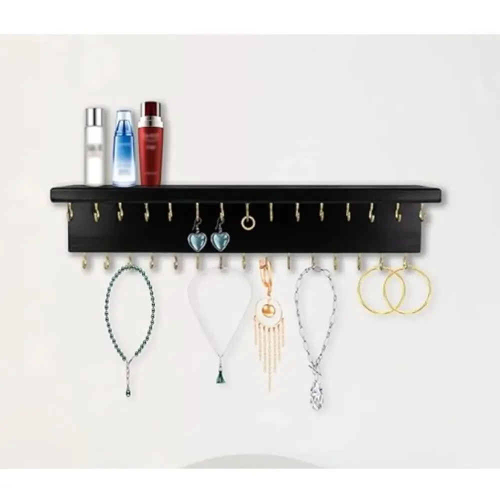 Hair Bow/Jewelry Organizer with 24 Hooks and Shelf, Wall Mounted- Black - Picture 3 of 5
